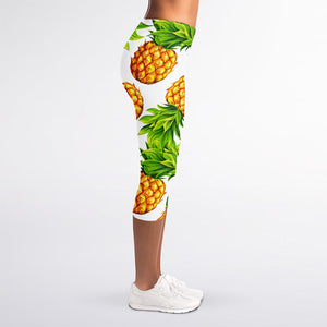 White Summer Pineapple Pattern Print Women's Capri Leggings