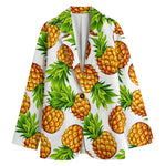 White Summer Pineapple Pattern Print Women's Cotton Blazer