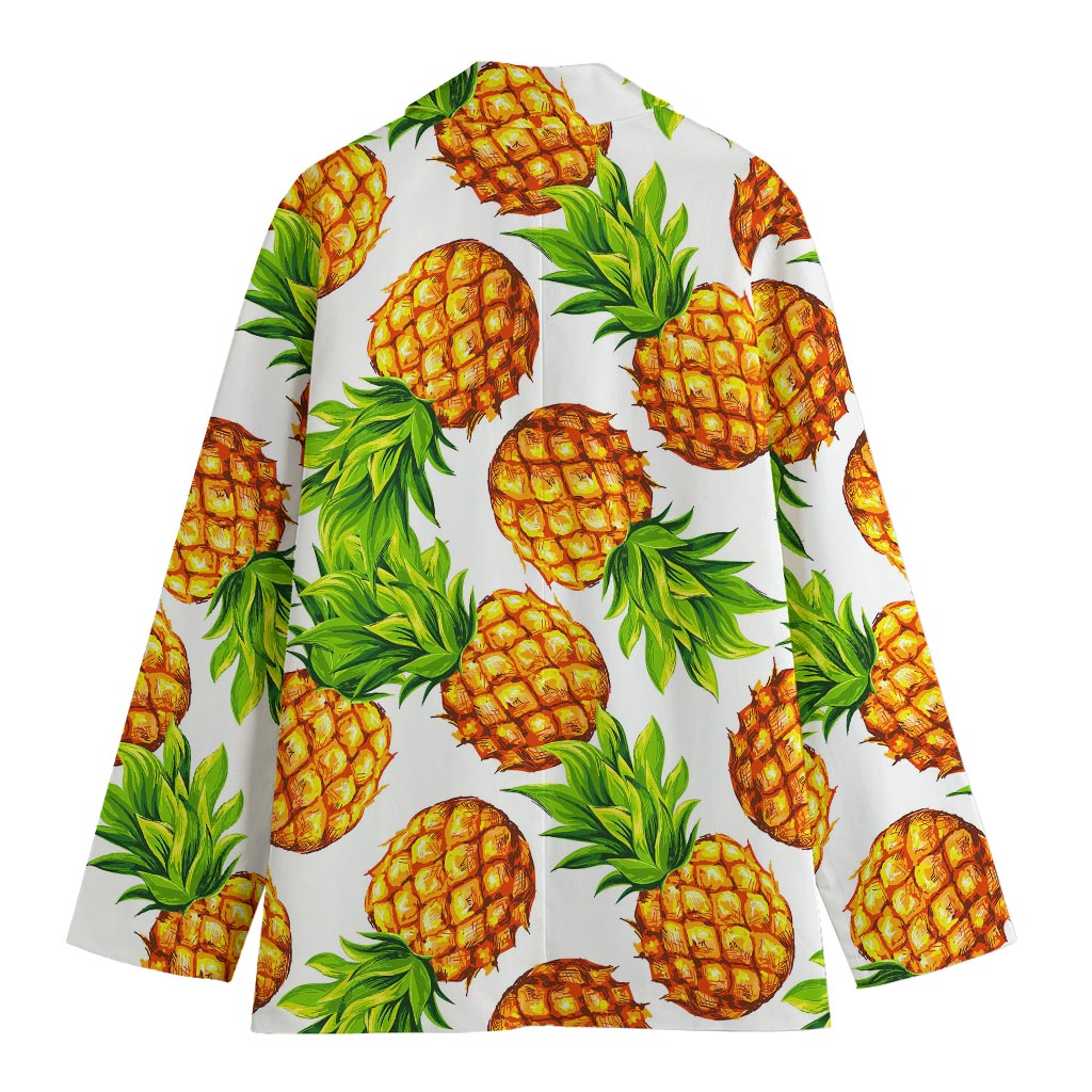 White Summer Pineapple Pattern Print Women's Cotton Blazer