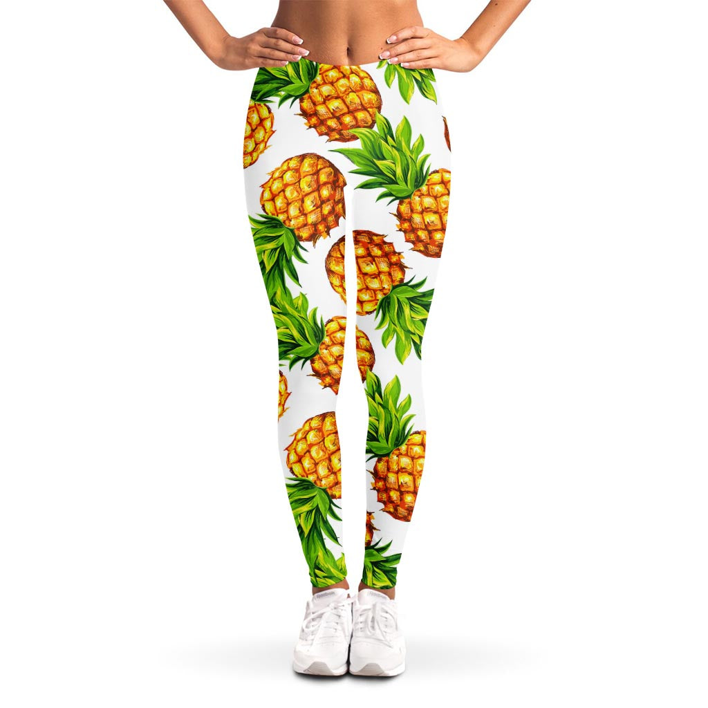 White Summer Pineapple Pattern Print Women's Leggings