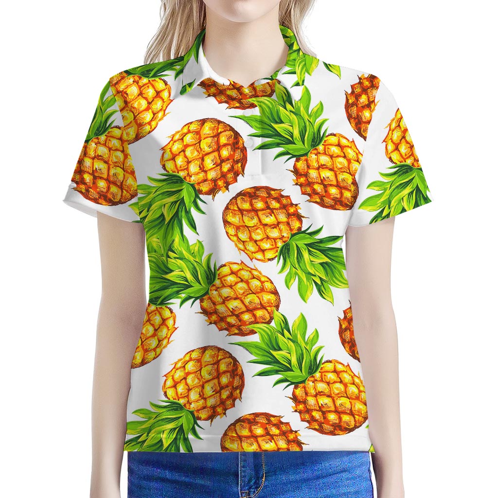White Summer Pineapple Pattern Print Women's Polo Shirt