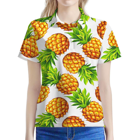 White Summer Pineapple Pattern Print Women's Polo Shirt