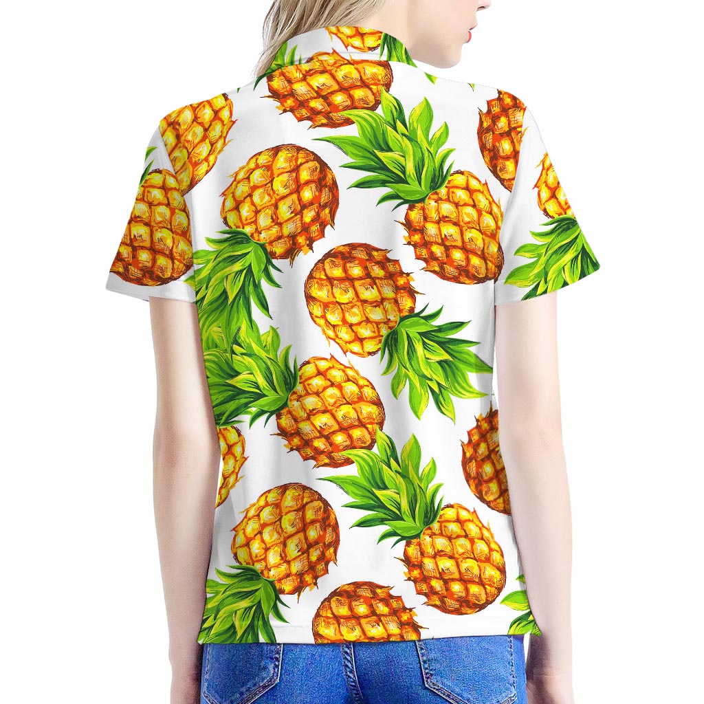 White Summer Pineapple Pattern Print Women's Polo Shirt
