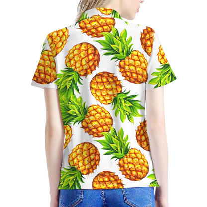 White Summer Pineapple Pattern Print Women's Polo Shirt