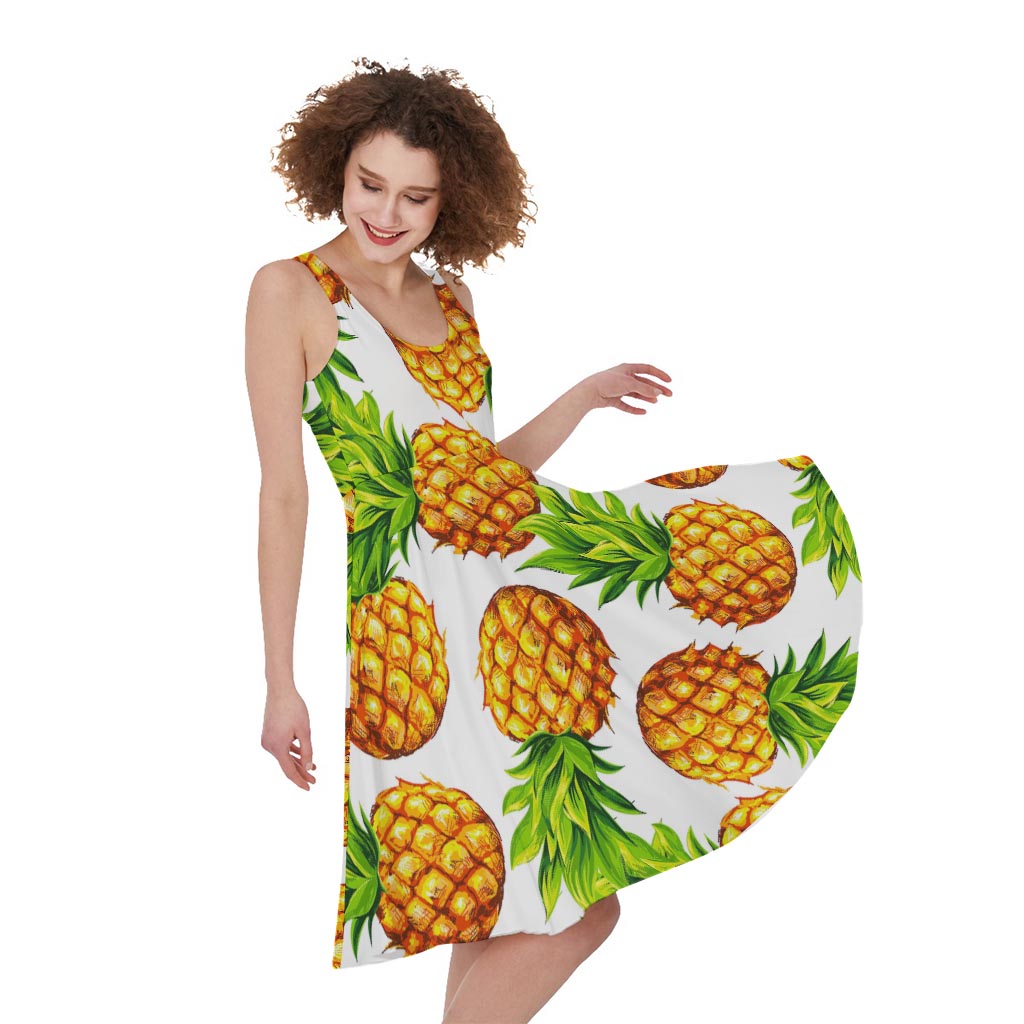 White Summer Pineapple Pattern Print Women's Sleeveless Dress