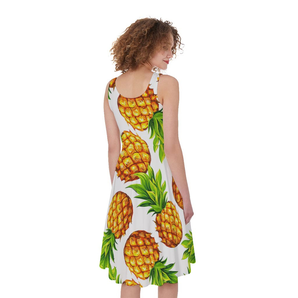 White Summer Pineapple Pattern Print Women's Sleeveless Dress