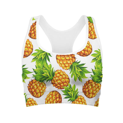 White Summer Pineapple Pattern Print Women's Sports Bra