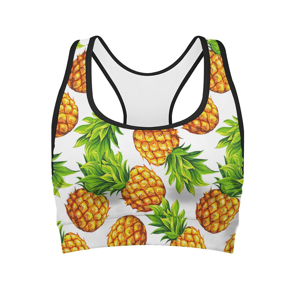 White Summer Pineapple Pattern Print Women's Sports Bra