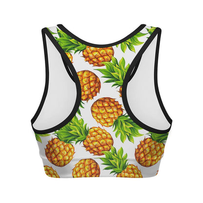 White Summer Pineapple Pattern Print Women's Sports Bra