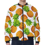 White Summer Pineapple Pattern Print Zip Sleeve Bomber Jacket