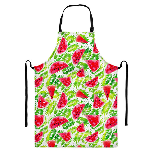 White Summer Watermelon Pattern Print Bib Apron With Pocket