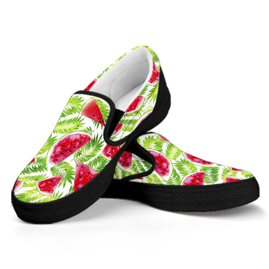 White Summer Watermelon Pattern Print Black Slip On Sneakers