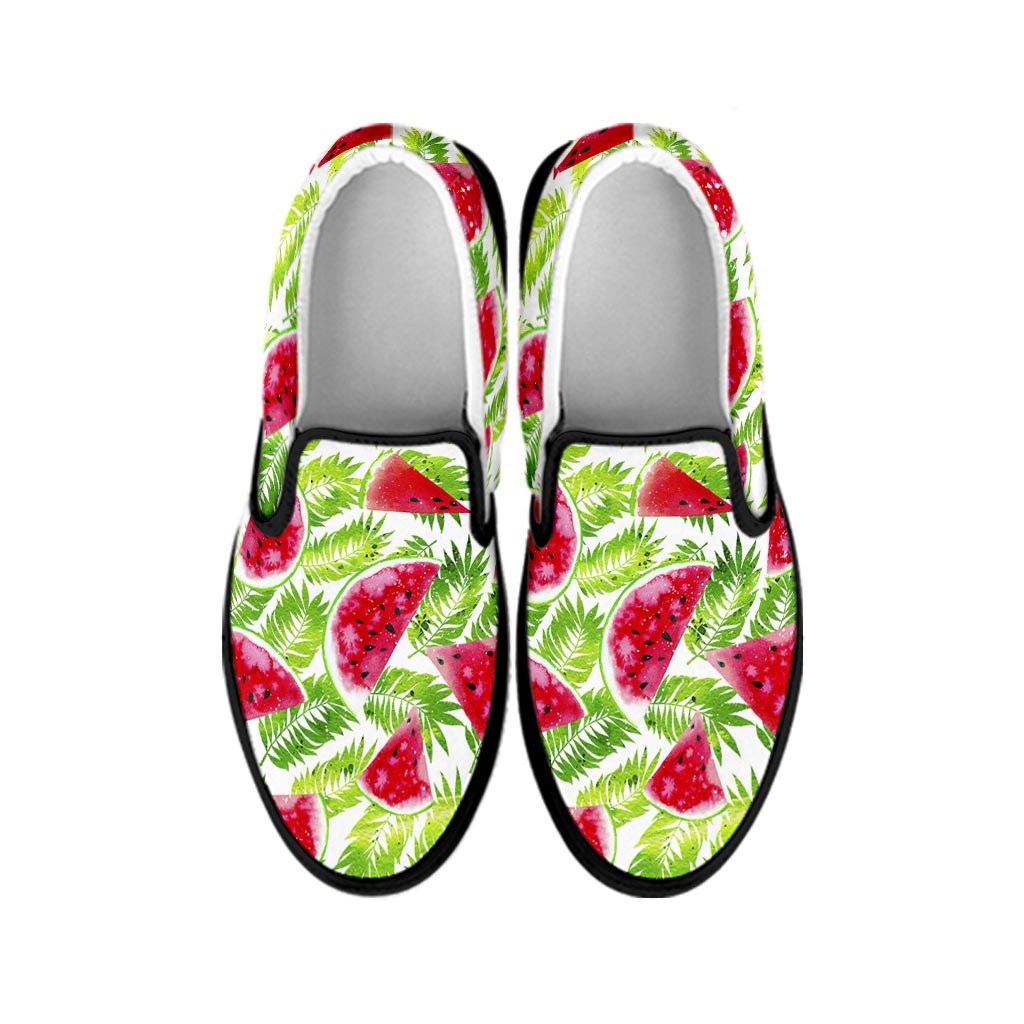 White Summer Watermelon Pattern Print Black Slip On Sneakers