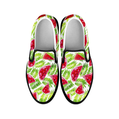 White Summer Watermelon Pattern Print Black Slip On Sneakers