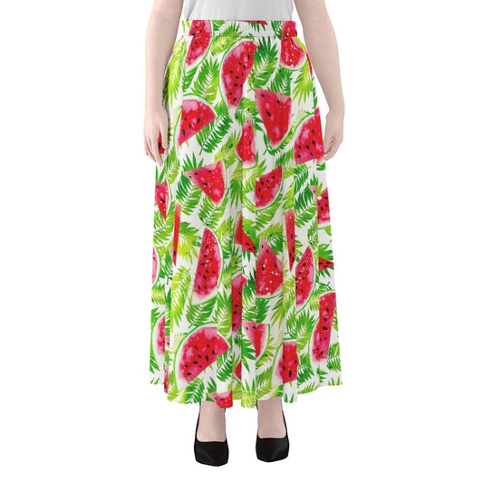 White Summer Watermelon Pattern Print Chiffon Maxi Skirt