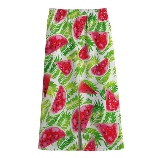 White Summer Watermelon Pattern Print Cotton Front Slit Maxi Skirt