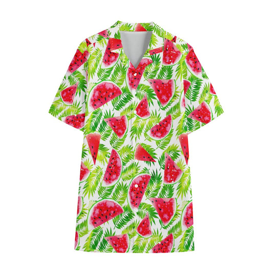 White Summer Watermelon Pattern Print Cotton Hawaiian Shirt