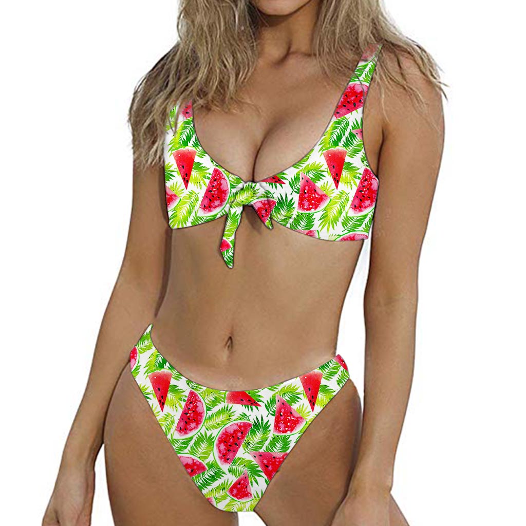 White Summer Watermelon Pattern Print Front Bow Tie Bikini