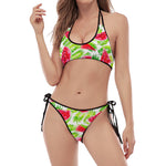 White Summer Watermelon Pattern Print Halter Scoop Tie Side Bikini