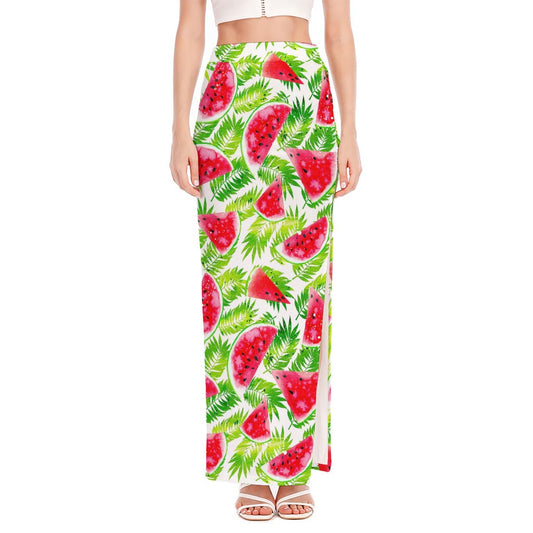White Summer Watermelon Pattern Print High Slit Maxi Skirt