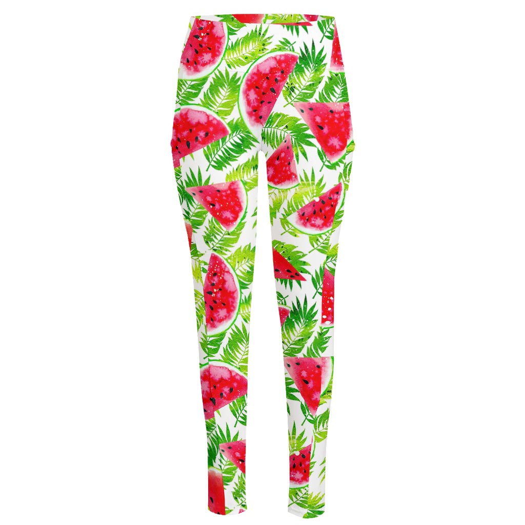 White Summer Watermelon Pattern Print High-Waisted Pocket Leggings
