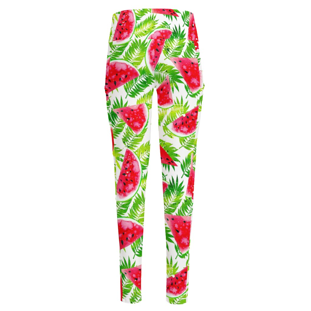 White Summer Watermelon Pattern Print High-Waisted Pocket Leggings
