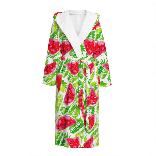White Summer Watermelon Pattern Print Hooded Bathrobe