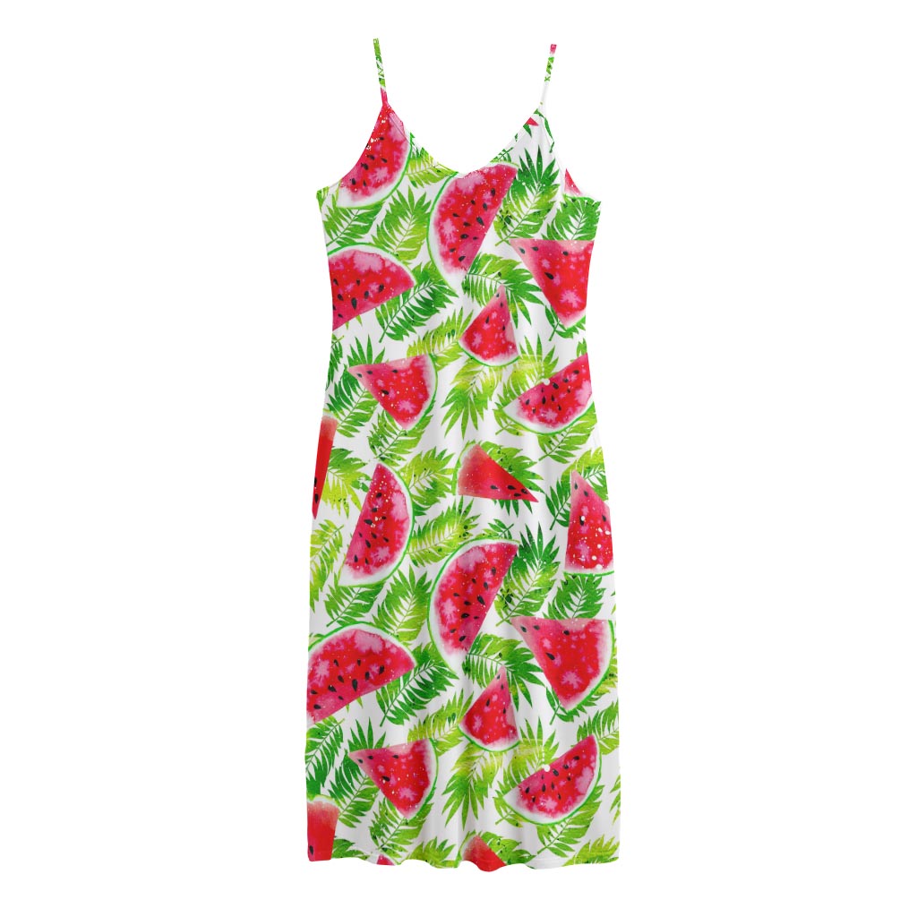 White Summer Watermelon Pattern Print Jersey Midi Cami Dress