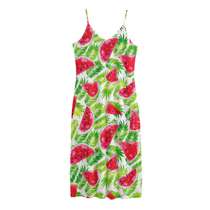 White Summer Watermelon Pattern Print Jersey Midi Cami Dress
