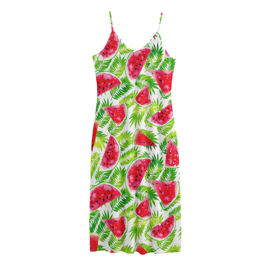 White Summer Watermelon Pattern Print Jersey Midi Cami Dress