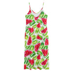 White Summer Watermelon Pattern Print Jersey Midi Cami Dress