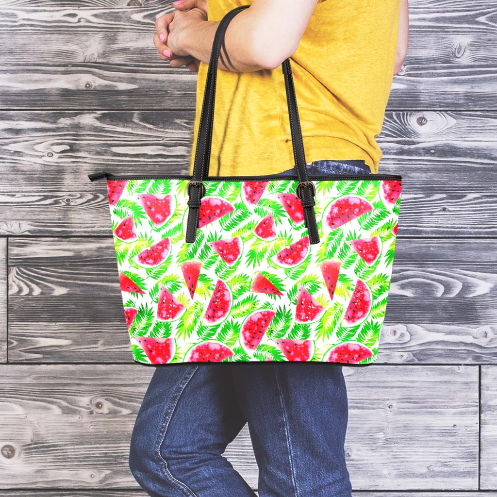 White Summer Watermelon Pattern Print Leather Tote Bag