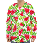 White Summer Watermelon Pattern Print Long Sleeve Baseball Jersey