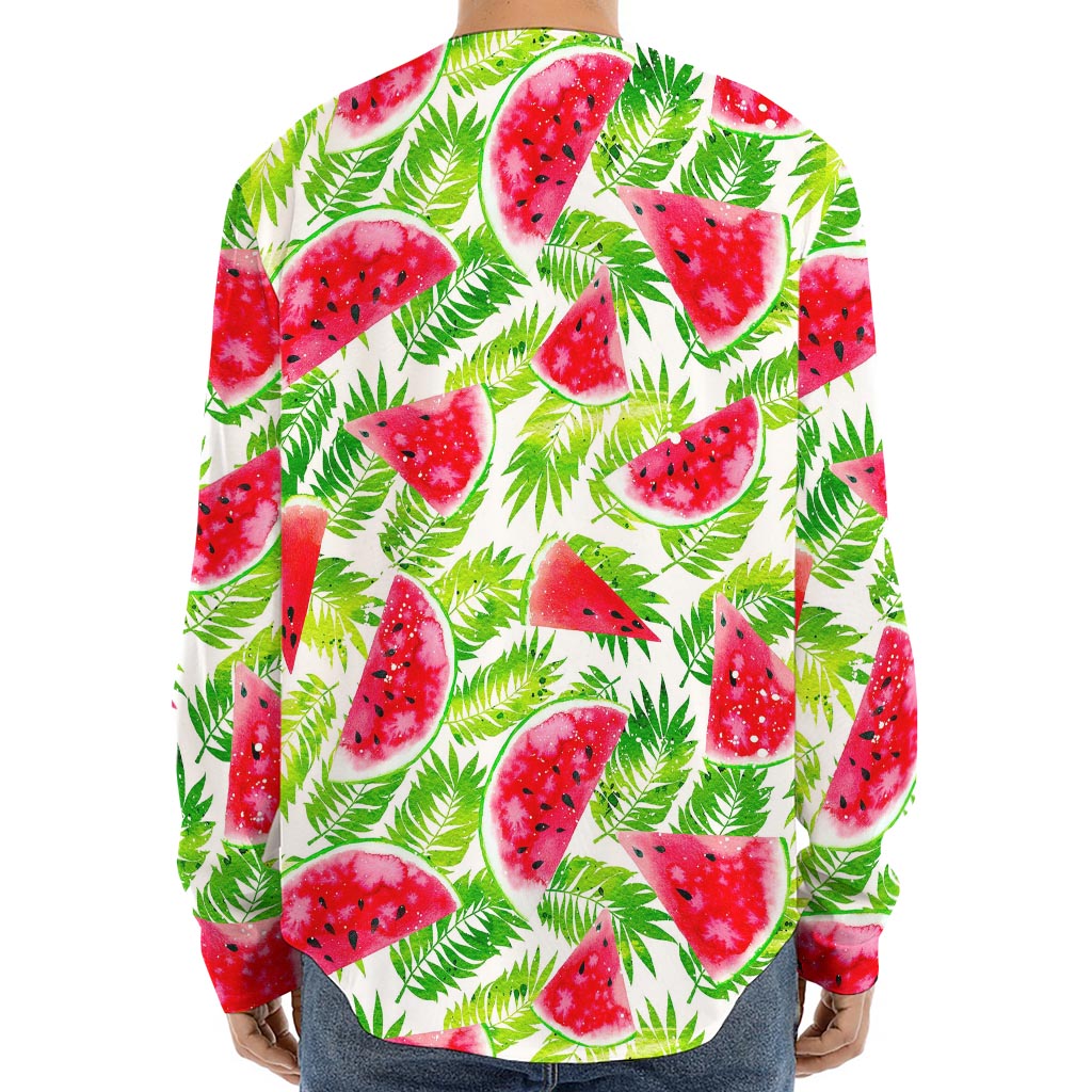 White Summer Watermelon Pattern Print Long Sleeve Baseball Jersey