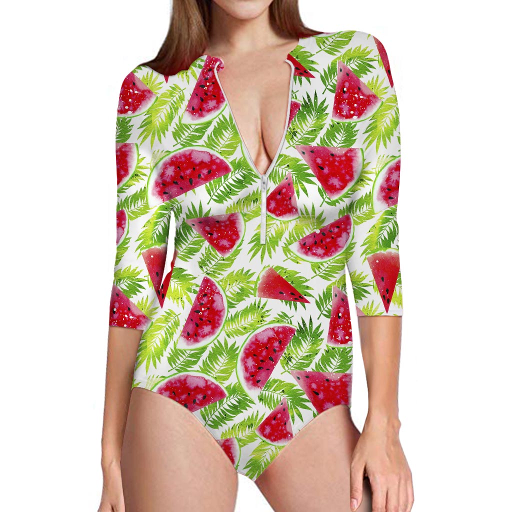 White Summer Watermelon Pattern Print Long Sleeve Swimsuit