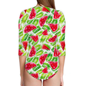 White Summer Watermelon Pattern Print Long Sleeve Swimsuit