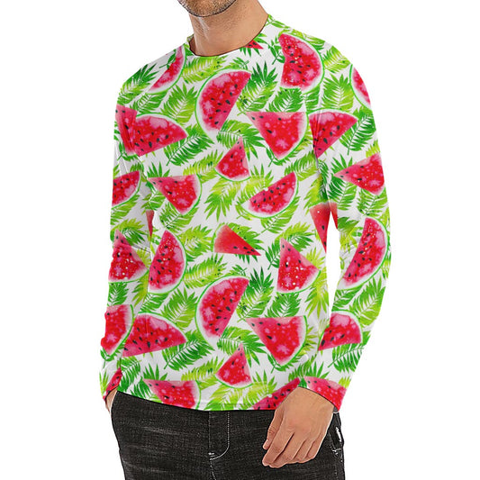 White Summer Watermelon Pattern Print Men's Long Sleeve Rash Guard