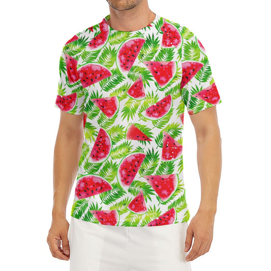 White Summer Watermelon Pattern Print Men's Short Sleeve Rash Guard