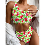 White Summer Watermelon Pattern Print One Shoulder Bikini Top