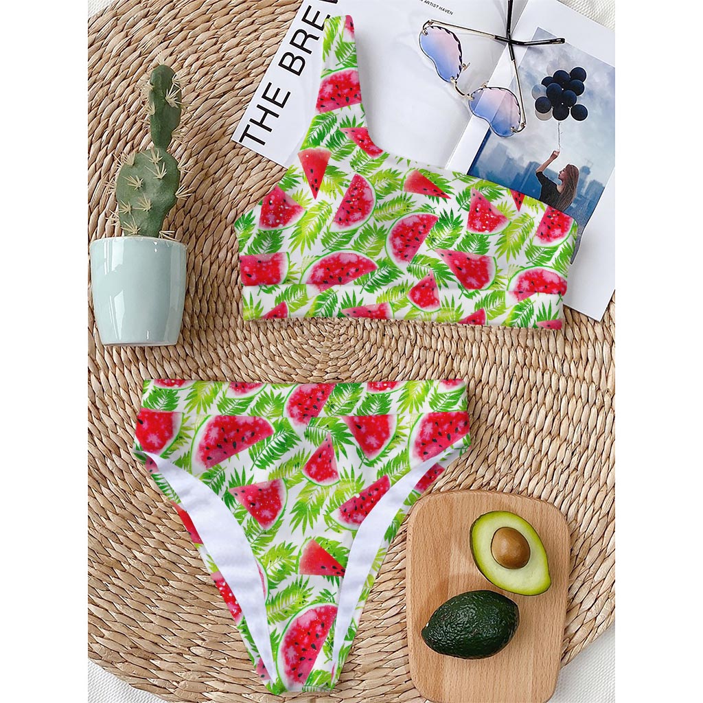 White Summer Watermelon Pattern Print One Shoulder Bikini Top