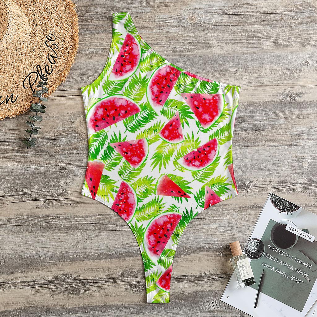 White Summer Watermelon Pattern Print One Shoulder Bodysuit