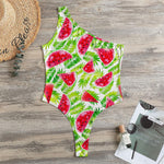 White Summer Watermelon Pattern Print One Shoulder Bodysuit