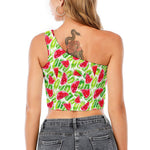White Summer Watermelon Pattern Print One Shoulder Crop Top