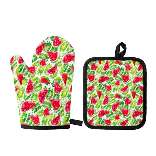 White Summer Watermelon Pattern Print Oven Mitt And Pot Holder Set