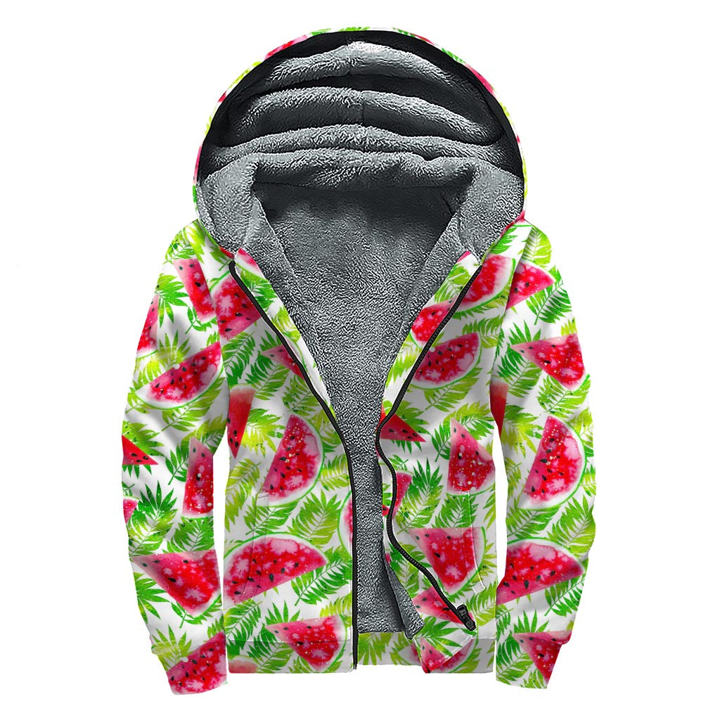White Summer Watermelon Pattern Print Sherpa Lined Zip Up Hoodie