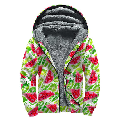 White Summer Watermelon Pattern Print Sherpa Lined Zip Up Hoodie