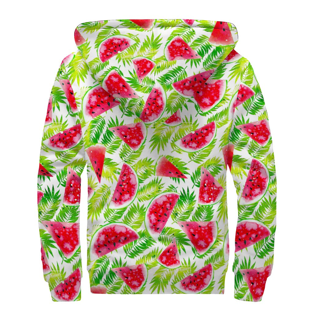 White Summer Watermelon Pattern Print Sherpa Lined Zip Up Hoodie