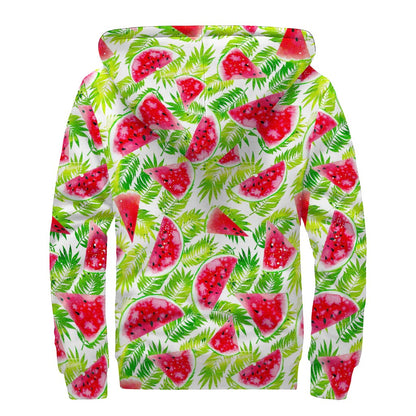 White Summer Watermelon Pattern Print Sherpa Lined Zip Up Hoodie