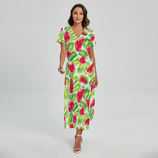 White Summer Watermelon Pattern Print Short Sleeve Maxi Dress