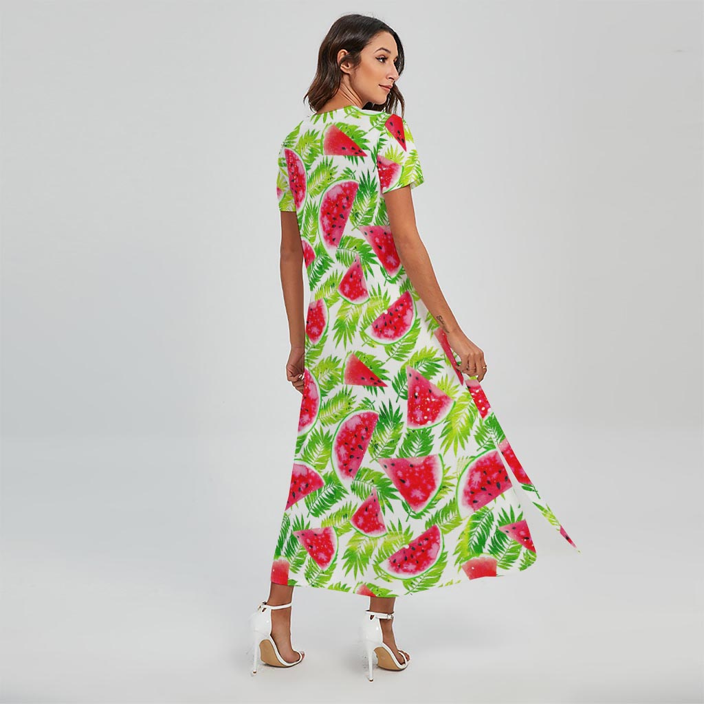 White Summer Watermelon Pattern Print Short Sleeve Maxi Dress